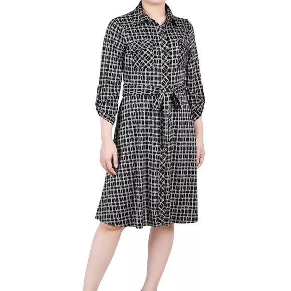NY COLLECTION Brown Geo PXL Buttons Belt Collar Pockets Tab Sleeve Shirt Dress - Picture 1 of 12